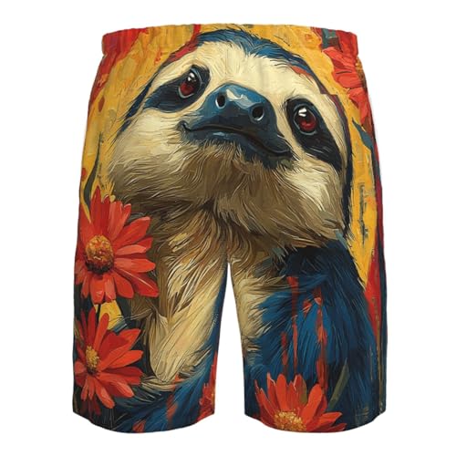 Men Swim Trunks Beach Shorts Swimwear Summer Bathing Suits - Tribal Sloth Retro4