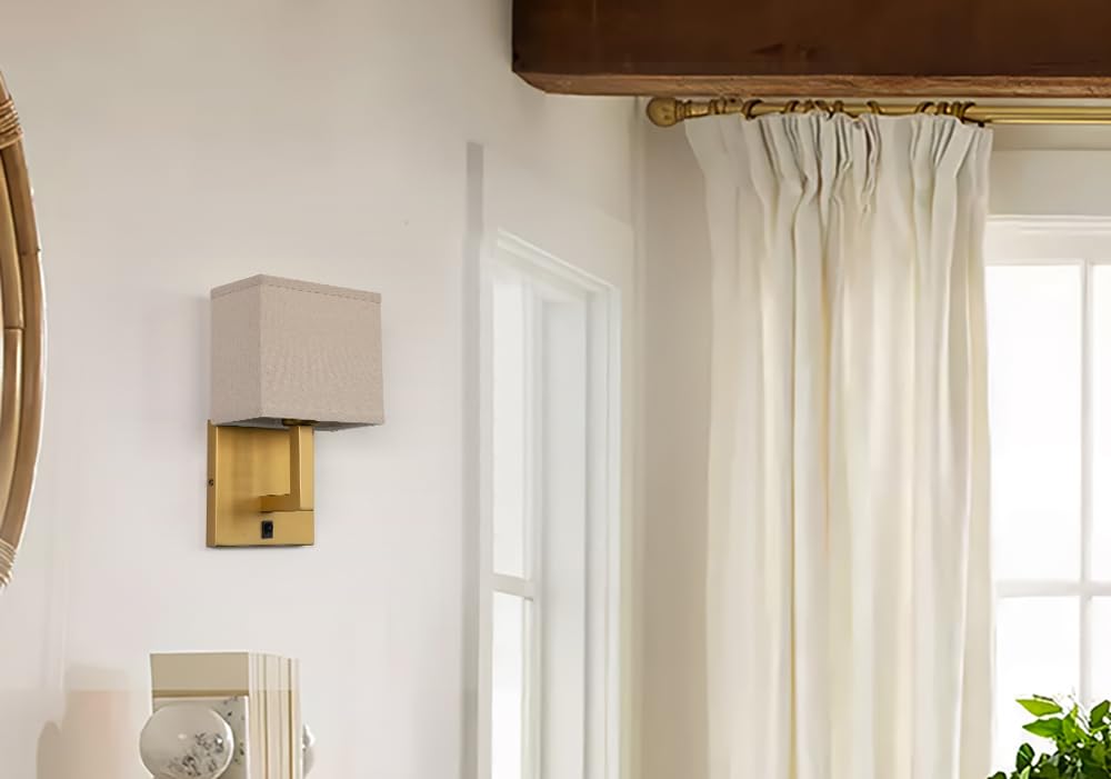 Yosoan Fabric Wall Sconce – Vintage Industrial Hardwired Half Moon Shade, Antique Finish, E26 Base, Bedside Reading Lamp For Bedroom Living Room