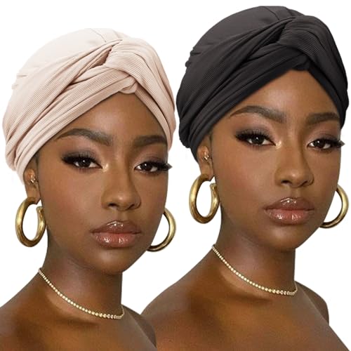 Image of DRESHOW African Turban for Women Knotted Hairwraps Headwraps Ribbed Turban Stretch Jersey Head Scarf Chemo Cancer Cap