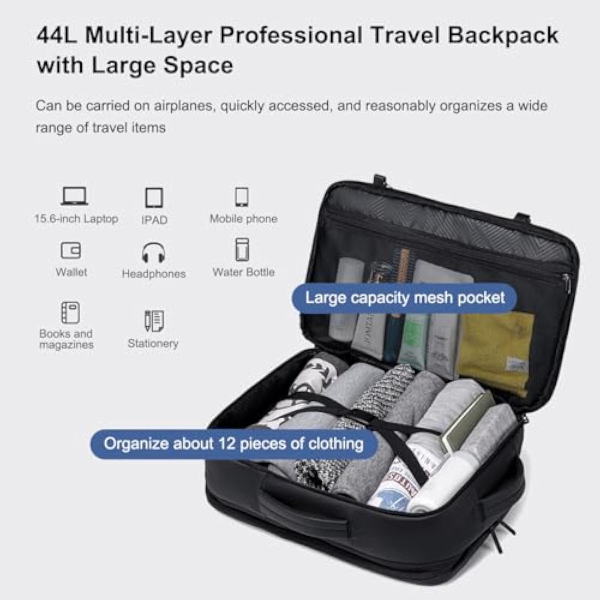 Men's 44L Heavy Duty Expandable Laptop Backpack, Water-Resistant