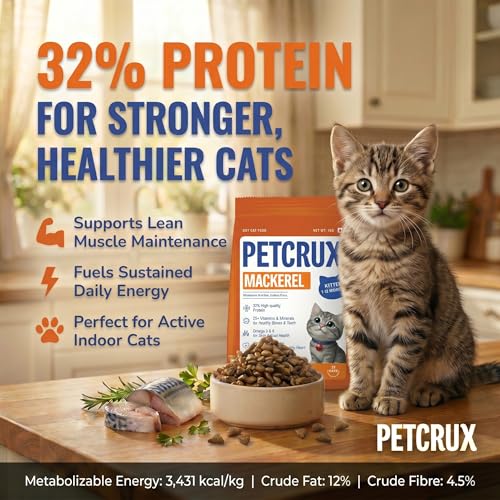 Image of Petcrux Dry Kitten Cat Food, Mackerel Fish Flavor, with Omega 3 & 6 and Taurine, Complete & Balanced Nutrition for Growing Kittens, Trial Pack 50 g