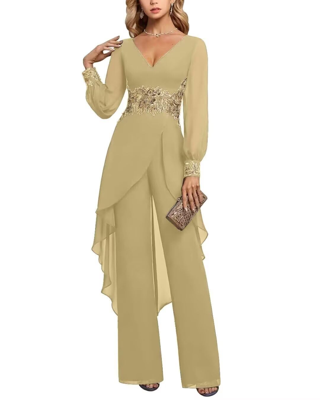 Mother of The Bride Pantsuit Chiffon Applique V-Neck Dressy Pant Suits for Wedding Plus Size Formal Long Sleeve