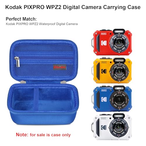 Image of Elonbo Camera Carrying Case for Kodak PIXPRO WPZ2 Waterproof Digital Camera | Camera Carrying Case, Hard Bag, with Mesh Pocket Wrist Strap Double Zipper, for Vlogging, Travel Protective Storage, Blue