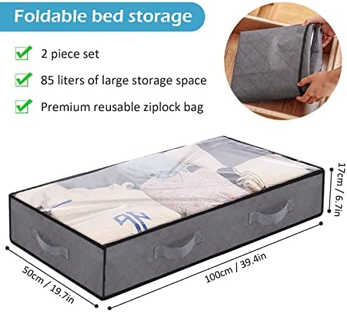 WENYA 2 Pack 100L Underbed Storage Bags with Lids, Large Capacity Non-Woven Foldable Clothes Storage with Zipper and Clear Window for Blankets and Bedding