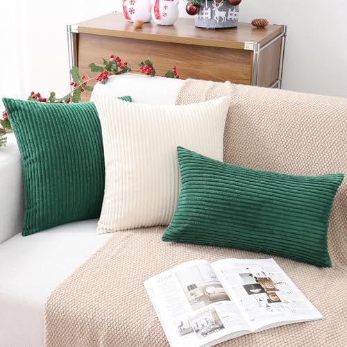 Mecatny Corduroy Decorative Throw Pillow Covers 24x24 Set of 2 for Sofa Living Room, Soft Neutral Boho Couch Pillow Covers for Home Decor, Green