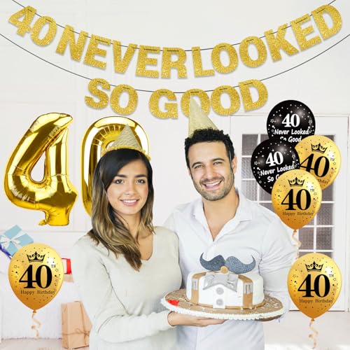 Image of 40th Birthday Decorations for Men Women, Black Gold 40 Never Looked So Good Banner 40 Foil Balloons Happy 40th Birthday Party Supplies 9 PCS