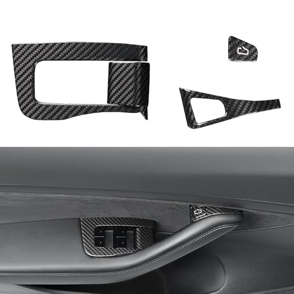 JSWAN 14pcs Carbon Fiber Car Window Glass Lift Button Trim Switch Cover for Tesla Model 3/Y Left Hand Drive Door Armrest Panel Cover Interior Modified Accessories (for New Model 3/Y, Bright Black) - Image 3