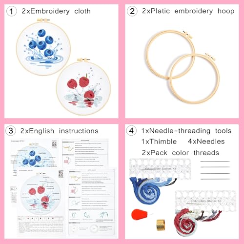 Image of Armindou 2Set Embroidery Kits with Fruit Pattern for Beginners Adults, Hand Embroidery Needlepoint DIY Kits, Stamped Cross Stitch Kits for Beginners Adult, 2 Embroidery Hoops (Attached Video Tutorial)