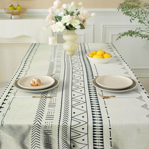 Image of Cortina Tablecloth for Dining Table Waterproof Table Cover, Cotton Linen Fabric Rectangle Tablecloth (Boho-Black, 6 Seater) | Cotton linen fabric with waterproof surface for dining tables, rectangle shape, Boho-Black, sized for 6 seater