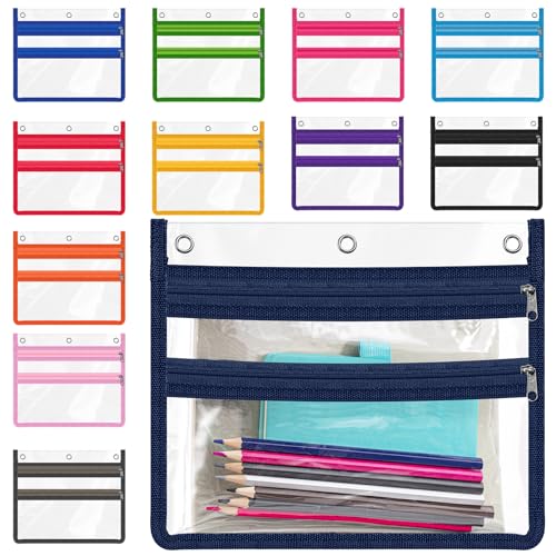 Janlaugh 12 Pcs Clear Pencil Pouch for 3 Ring 8 x 10 Inch Binder Pencil Cases Bags with Zipper Large Capacity Inserts Bags with 3 Re-enforced Grommets for Office College School Supplies, 12 Colors
