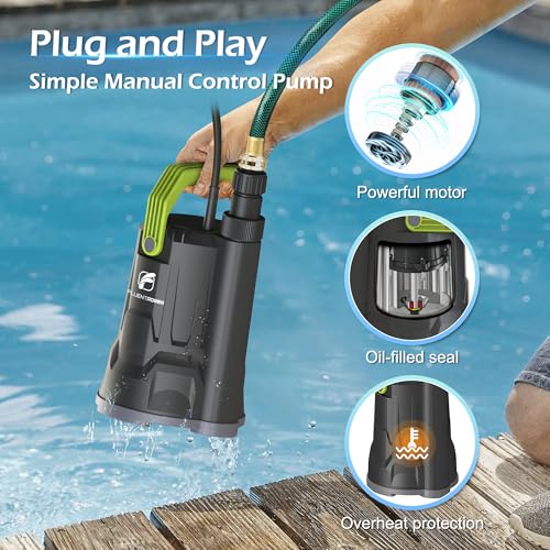 Image of 3 /4HP 3000GPH Submersible Sump Water Pump, Simple Manual Control for Swimming Pool Garden Pond Basement Draining, with 16.4Ft Cord, Adapters, Check Valve and Rope