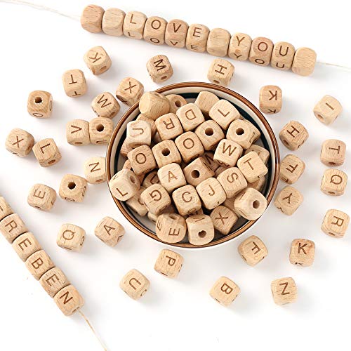 HERZWILD 72 pcs Natural Wooden Loose Letter Cube Beads 12 mm Square for Crafts Decoration, klein