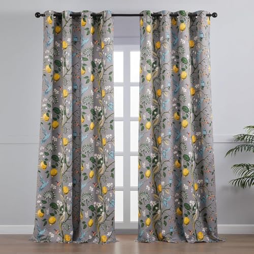 Image of BFAM Floral Print 100% Blackout Curtain with Black Linning at Back,Grey Bird Print Curtains for Living Room /Bedroom Thermal Insulated Energey Saving 7 Feet Pack of 1 Curtain