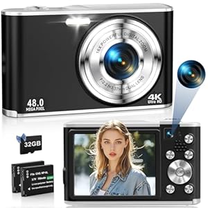 4K Digitalkamera 48MP Autofokus Kompaktkamera mit Dual Front- und Rückkameras Vlogging, YouTube für Fotografie, 16X Digitalzoom mit 32GB TF-Karte & 2 Batterien - Schwarz