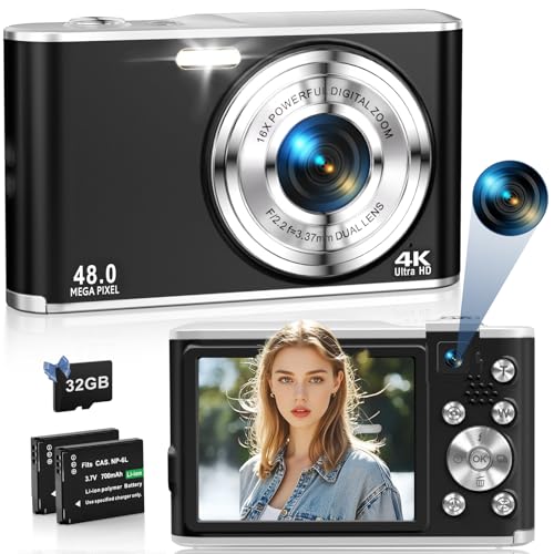 【Fotocamera Digitale FHD 4K con Scheda da 32GB】2025 L'ultima fotocamera digitale ha una risoluzione video FHD di 4K e una risoluzione immagine di 48MP, con microfono e altoparlante integrati (registrazione video con audio) per aiutarti a scattare foto o video meravigliosi. La fotocamera digitale supporta schede di memoria da 4 GB a 256 GB. (Include 2 batterie, 1 scheda SD da 32 GB, non è necessario acquistare separatamente)
