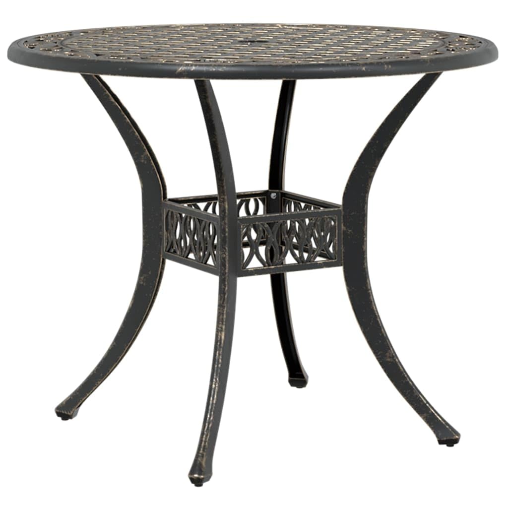 Stół ogrodowy z brązu, odlew aluminiowy, Ø 90 x 75 cm, stół tarasowy z otworem na parasol, stół balkonowy do ogrodu, na patio, kemping, stabilny stolik pomocniczy do jedzenia i pikniku
