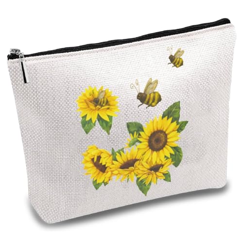 CREATCABIN Sunflower Canvas Makeup Bags Cosmetic Bag Multi Purpose Pen Case with Metal Zipper Bee Large Toiletry Travel Bag Purse Pouches for Her Friends Sister Women DIY Craft School 10 x 7Inch
