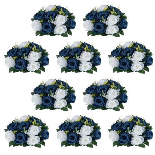 Image of NUPTIO Artificial Flower Centrepieces for Tables - 10 Pcs Navy Blue & White Fake Flowers Roses Balls 9.5in Diameter - Silk Faux Rose Arrangement for Wedding Party Centerpiece Table Decorations