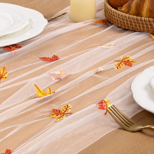 Image of Maple Leaf Embroidery Fall Table Runner White Sheer Tulle Table Runner, 3PC