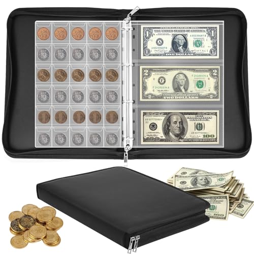 Yunkctuk Ignífugo Album Monedas de 2 euros, Monedas Coleccion con 24 Páginas para 300 Monedas y 36 Billetes de Euros, Dólares, Libras Esterlinas y Peniques (Negro)