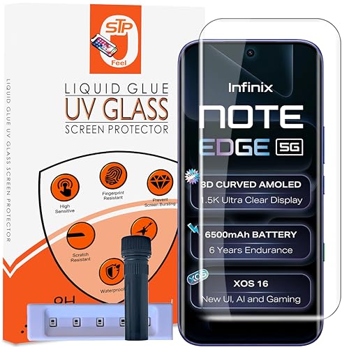 Image of STP FEEL HD+ UV Tempered Glass Screen Protector Guard Compatible For Infinix Note Edge 5G (6.78 Inch, Pack of 1) Full Adhesive UV Curved Case Friendly HD Clarity with easy installation kit
