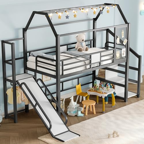 Harper & Bright Designs Metal Loft Bed with Slide