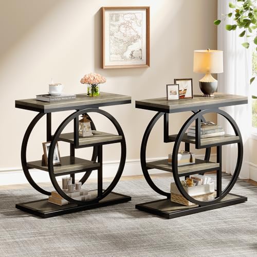 Image of Tribesigns End Table Set of 2, 4-Tier Narrow Side Table with Storage Shelves, Wood Small Sofa Side Table with Geometric Metal Frame, Industrial Bedside Table for Bedroom, Living Room, Grey