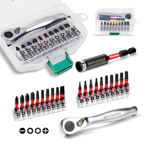 Image of Geinxurn 22pieces Ratchet & Bit Driver Set, Magnetic S2 Steel 1 inchInsert Bits Tips with Base,Impact Bit Holder and Mini Wrench with Storage Box