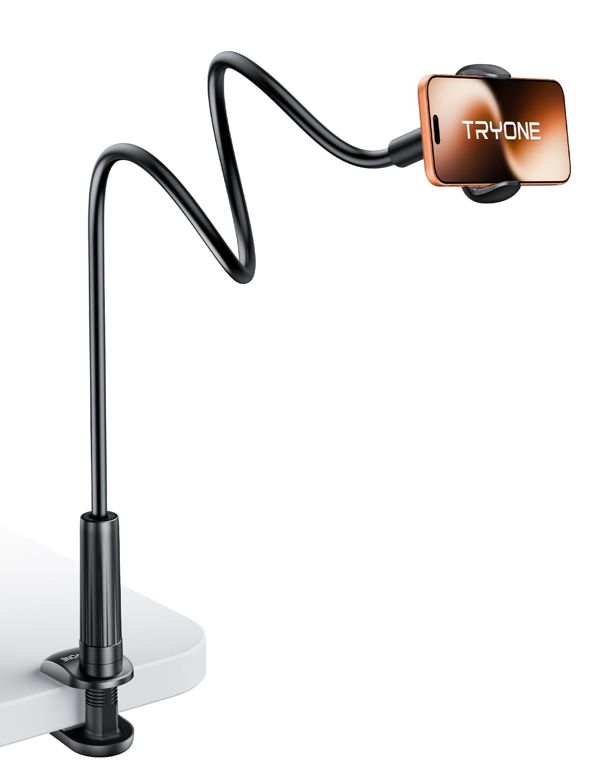 TRYONE Gooseneck Phone Holder Stand for Bed Flexible Arm Adjustable Cell Phones Mount Clamp on Desk Bedframe Compatible with iPhone 14 Pro Max 13 12 11 X SE Series/Samsung S22 or Other 4"-7" Devices