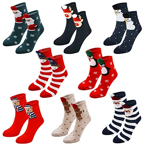 Image of 8 Pack Women Xmas Holiday Socks, Winter Warm Soft Cotton Knit Stretchy Slipper Crew Bulk Socks Set for Females Girls