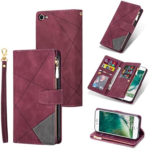 UEEBAI Wallet Case for iPhone SE 2022 5G/iPhone 7/iPhone 8/iPhone SE 2020, 9 Card Holder Slots Zipper Pocket Handbag Case PU Leather Magnetic Kickstand Wrist Strap Flip Case for SE3/SE2-Rose Gold