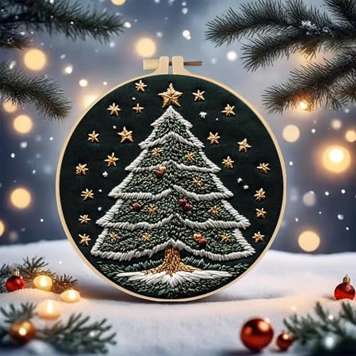Image of Huacan Embroidery Kit for Beginners Adults, Easy Needlepoint Kits for Adults with Stamped Embroidery Patterns. (Christmas Tree)