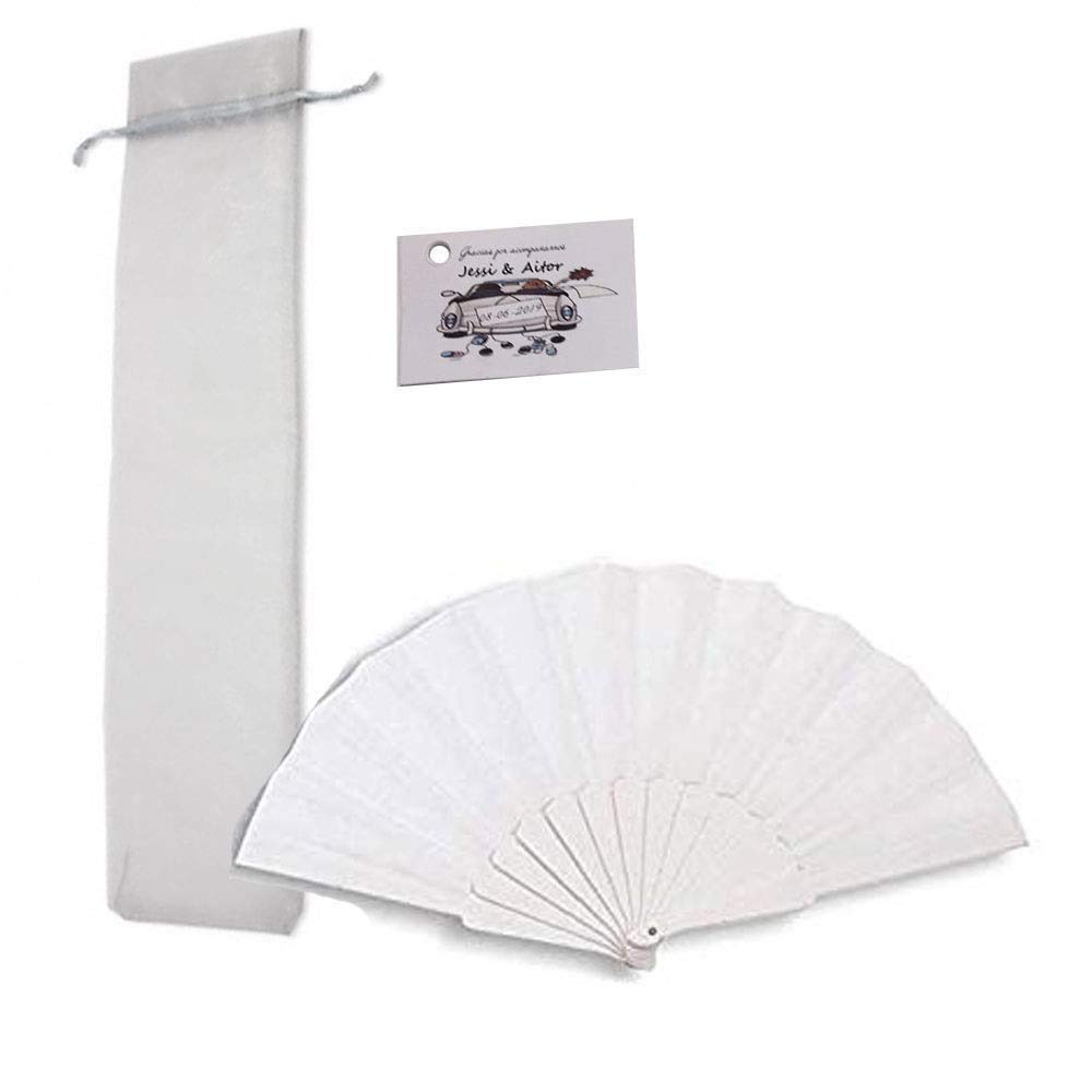 72 Abanicos Blancos para Bodas con Bolsa de Organza y 72 Tarjetas con la personalización de tu Evento. Detalles para Bodas, comuniones y bautizos.