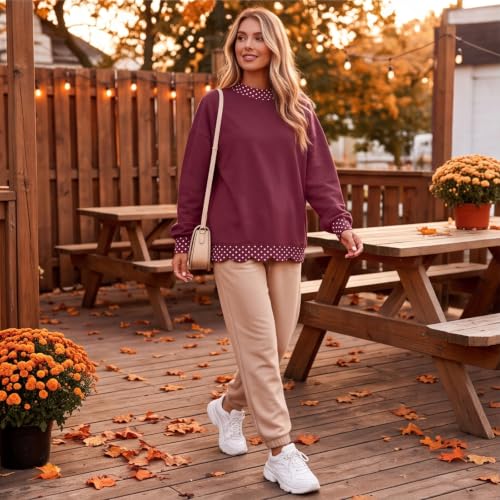 Womens Mock Neck Sweatshirt Scalloped Edge Patchwork Polka Dot Sweatshirt - image 7