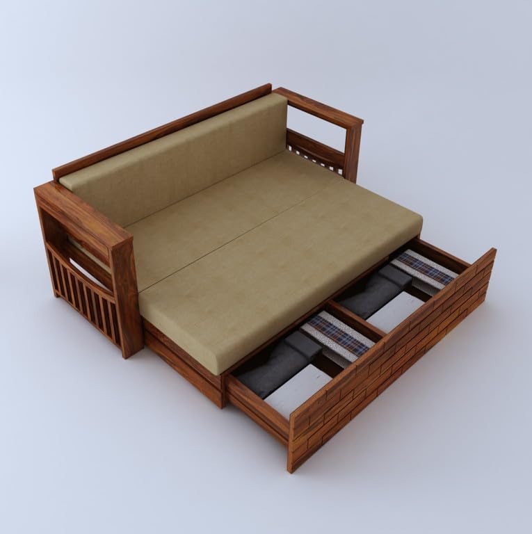 Image of Solid Sheesham Wood Sofa Cum Bed 3 Seater | Wooden Foldable Double Bed for Living Room with Headboard & Storage | Bed Cum Sofa with Mattress for Bedroom Furniture (Honey Finish)