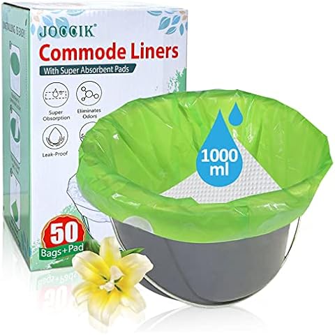 Commode Liners for Bedside Commode with Super Absorbent Pad 50 Pack Disposable Bags Universal Fit All Standard Toilet Chair Bucket Cover