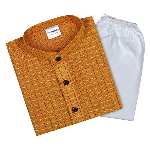 Image of superminis Baby Boys Traditional Ethnic Wear Handloom Cotton Solid Pattern Kurta With White Pyjama Set