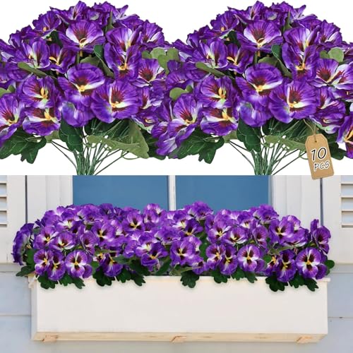 Artificial Pansies Flowers Outdoor 10 Bundles Artificial Flowers Bulk Faux Flowers UV Resistant Fake Silk Flowers for Front Porch Window Box Hanging Planter Decoration (Purple, 10P image 1