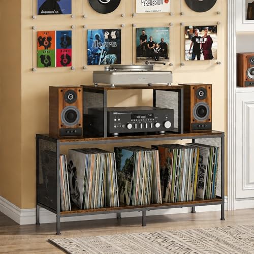 Sonyabecca Spacious Vintage Record Player Table - Holds 150-250 Vinyl Albums, Adjustable Dividers...