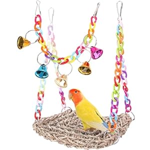 Bird Toys, Seagrass Oven Climbing Hammock Swing, Swing Colorful Bells Bird Hanging Toy Suitable for African Grey Parrots, Amazon Parrots, Lovebirds and Other Small and Medium-Sized Birds.