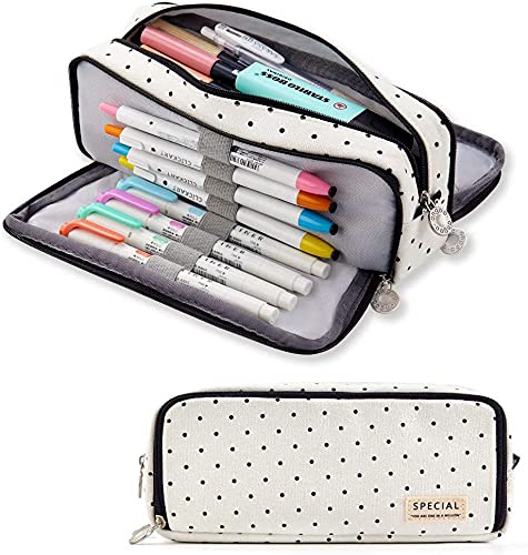 Orchid M Large Pencil Case Big Capacity 3 Compartments Canvas Pencil Pouch for Teen Boys Girls School Students (Black Dot)