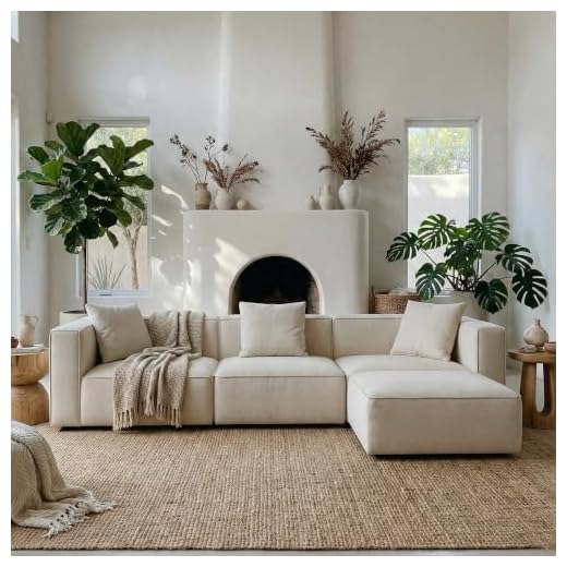 Acanva Luxury Modular Sectional Living Room Sofa Set, Modern Minimalist Style Couch with Ottoman and Chaise, L-Shape, Linen-Like Cream