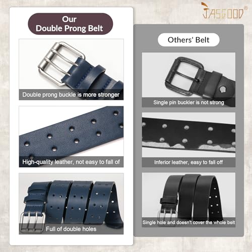 Image of JASGOOD Men Double Prong PU Leather Belt Casual Work Heavy Duty Belt Double Grommet Holes Belt for Jeans