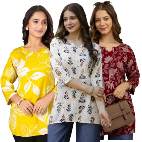Image of Women's Printed Short Kurti Tops Rayon Cotton Blend Tunic Combo