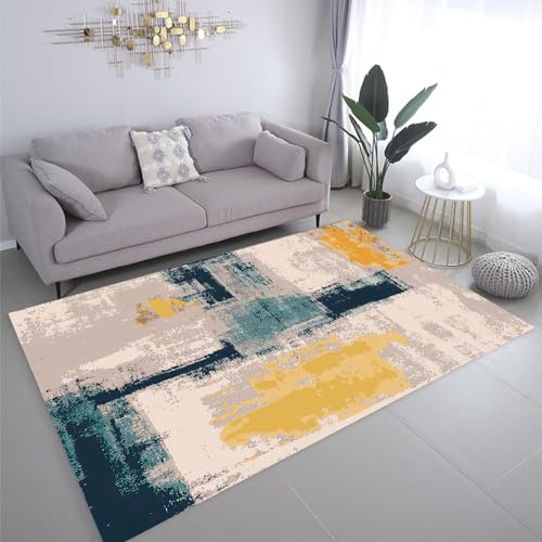 Rug-QJDDUP Tapis Salle de séjour,Bleu Jaune Gris Chaud Blanc Abstrait Moderne,Blue,140 x 200 cm, Designer Tapis Déco Salon Chambre, Salle à Manger, Chambre...