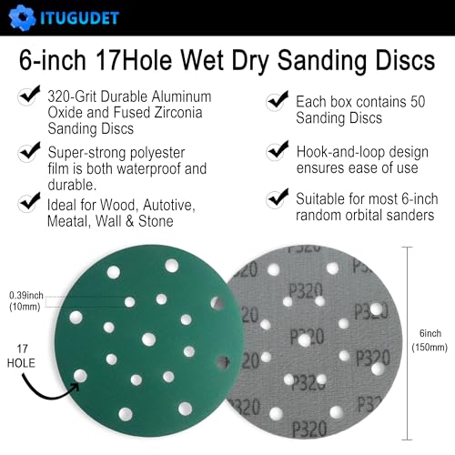 Image of 6 Inch 17 Hole 320 Grit Zirconia Alumina Hook & Loop Sanding Discs, Heavy-Duty Polyester Film Backing, Wet /Dry Anti-Clog for Random Orbital Sanders - Wood, Automotive, Metal - 50 Pack