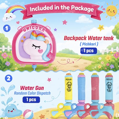 Image of Zest 4 Toyz Water Gun Toy Backpack | High Pressure pichkari Water Gun | Unicorn Theme | Summer Fun | Water Blaster with Tank Beach Toys for Kids