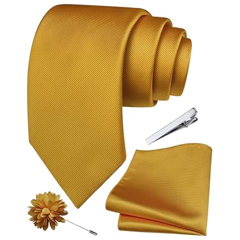 Branduce Dark Gold Tie Set for Men Wedding Solid Plain Necktie Pocket Square Tie Clip and Lapel Pin Brooch Set (TA15-49) Cover