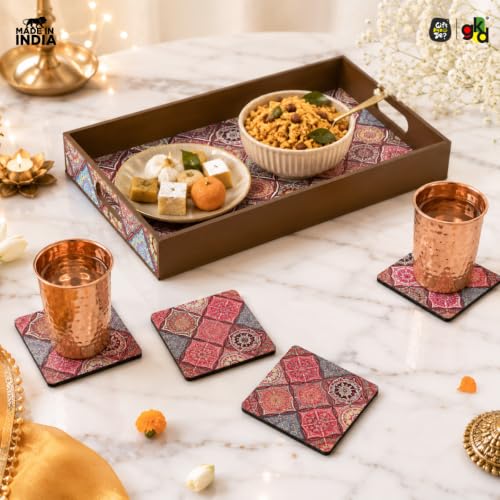 Image of GKD Wooden Serving Tray with Free 4 Coasters - 11x15 Inch Large Tea & Coffee Tray, Snack Tray Decorative MDF Trays for Home & Kitchen - Food Trays with Handles for Dining & Bar (Vibrant Mandala)
