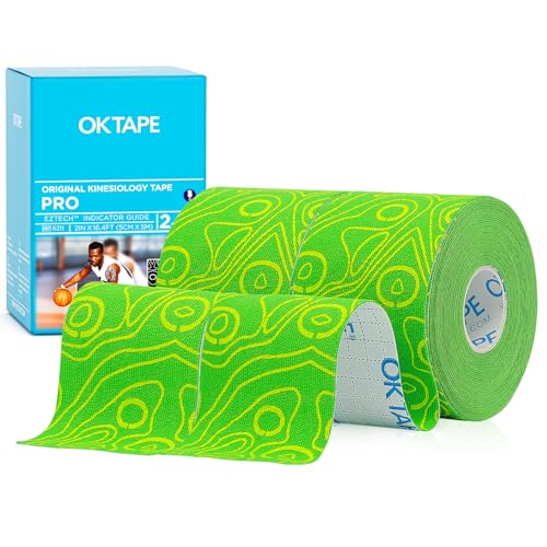 Image of OK TAPE Kinesiology Tape PRO Uncut Latex Free Tape 2in x 16.4ft 2Rolls | Sensitive Skin Friendly Latex Free Hypoallergenic Athletic Tape Roll for Muscle Joint Knee Waterproof Yellow+Green